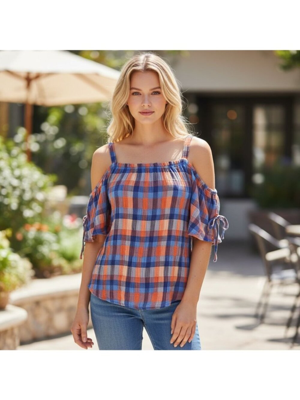 Sanctuary Cold Shoulder Plaid Top Womens Large Blue Orange Boho Peasant Blouse